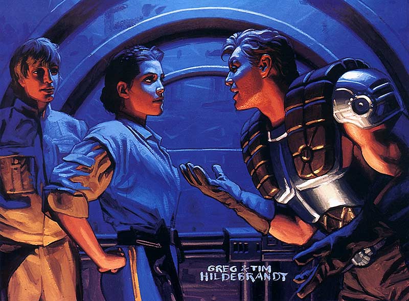 Greg & Tim Hildebrandt’s painting of Dash Rendar eagerly speaking with Princess Leia while Luke creeps jealously in the background