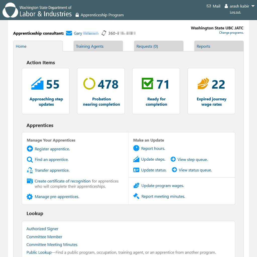Screenshot of the apprenticeship tracking system that I desgined.