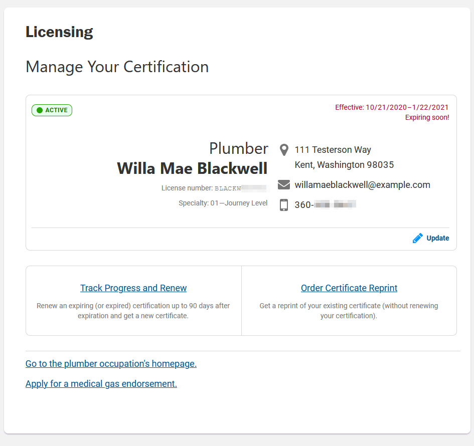 Screenshot of the certification and licensing logged in screen.
