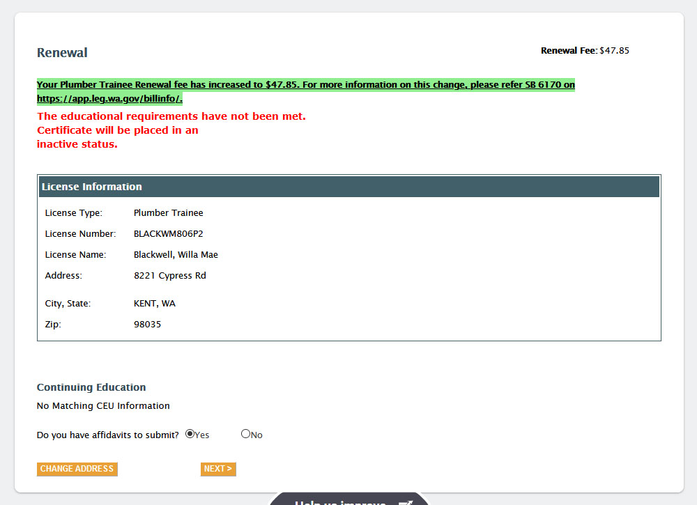 Screenshot of the certification and licensing logged in screen.
